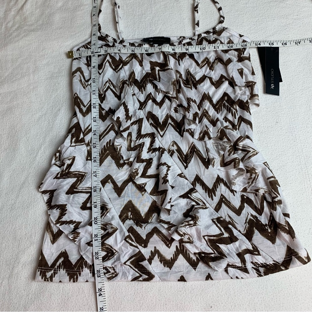 AB Studio White Brown Chevron Spaghetti Straps Fringe Blouse - Picture 13 of 16